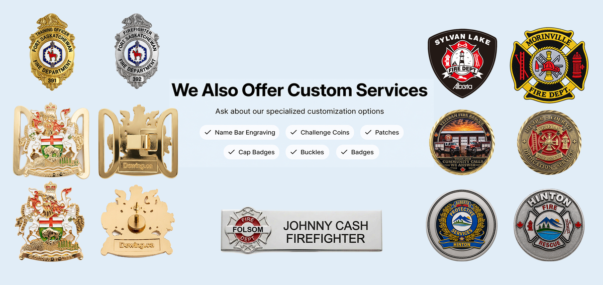Custom uniform services including name bar engraving, challenge coins, patches, cap badges, buckles, and badges.